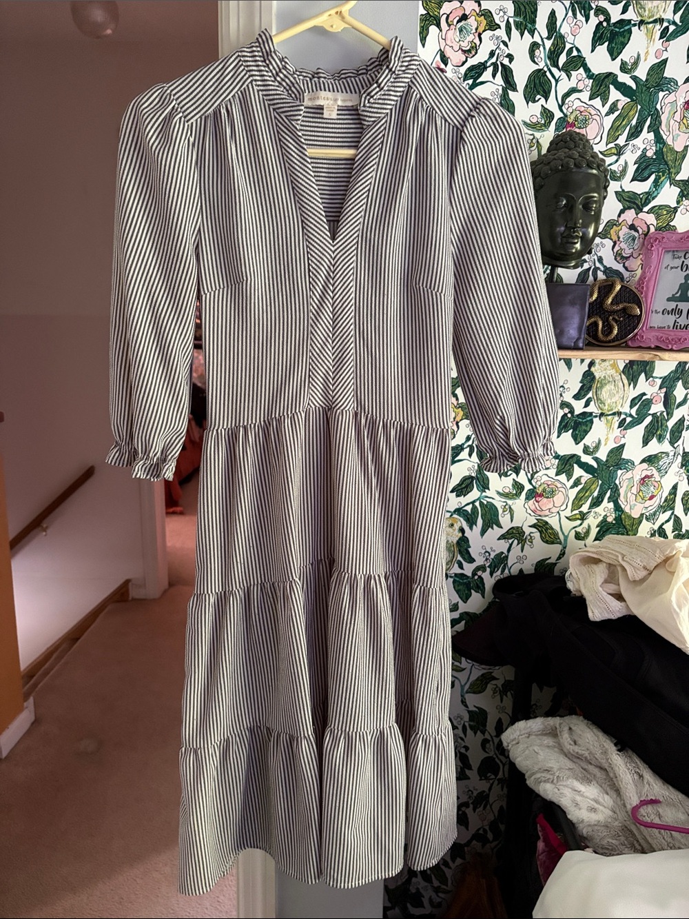 Monteau White and Black Striped Tiered Midi Dress